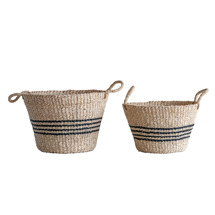 SEAGRASS BASKETS WITH BLACK STRIPES & HANDLES