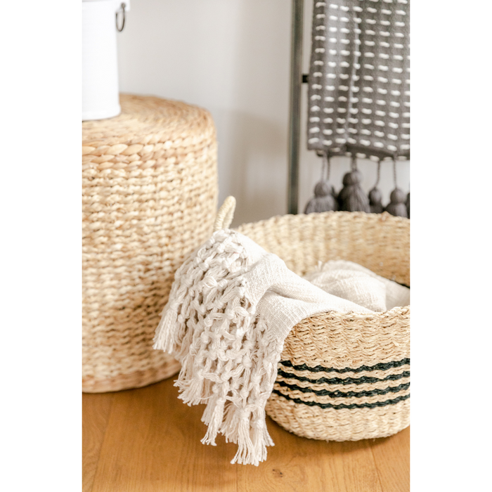 SEAGRASS BASKETS WITH BLACK STRIPES & HANDLES