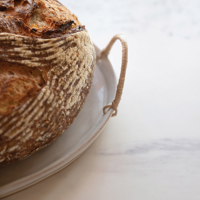 STONEWARE TRAY WITH RATTAN HANDLES