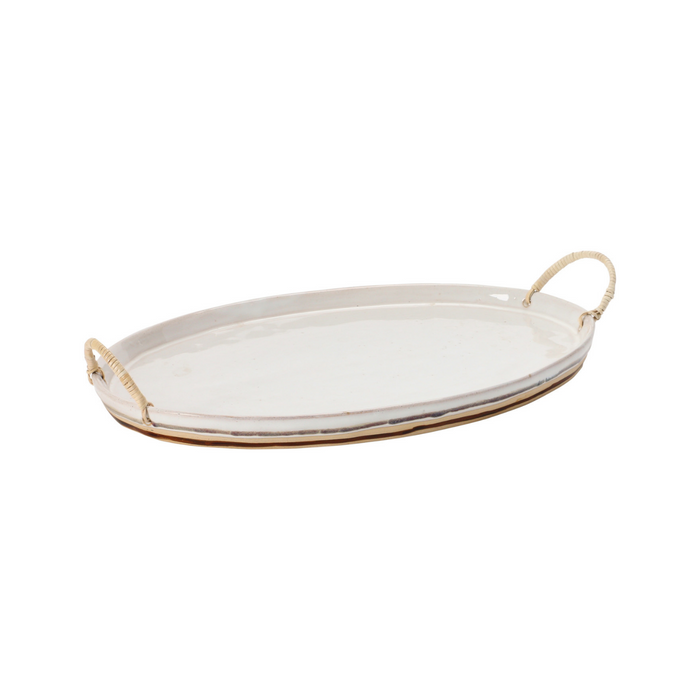 STONEWARE TRAY WITH RATTAN HANDLES